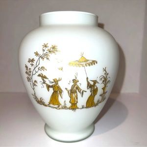 White frosted art glass Vase with Asian pictorial design